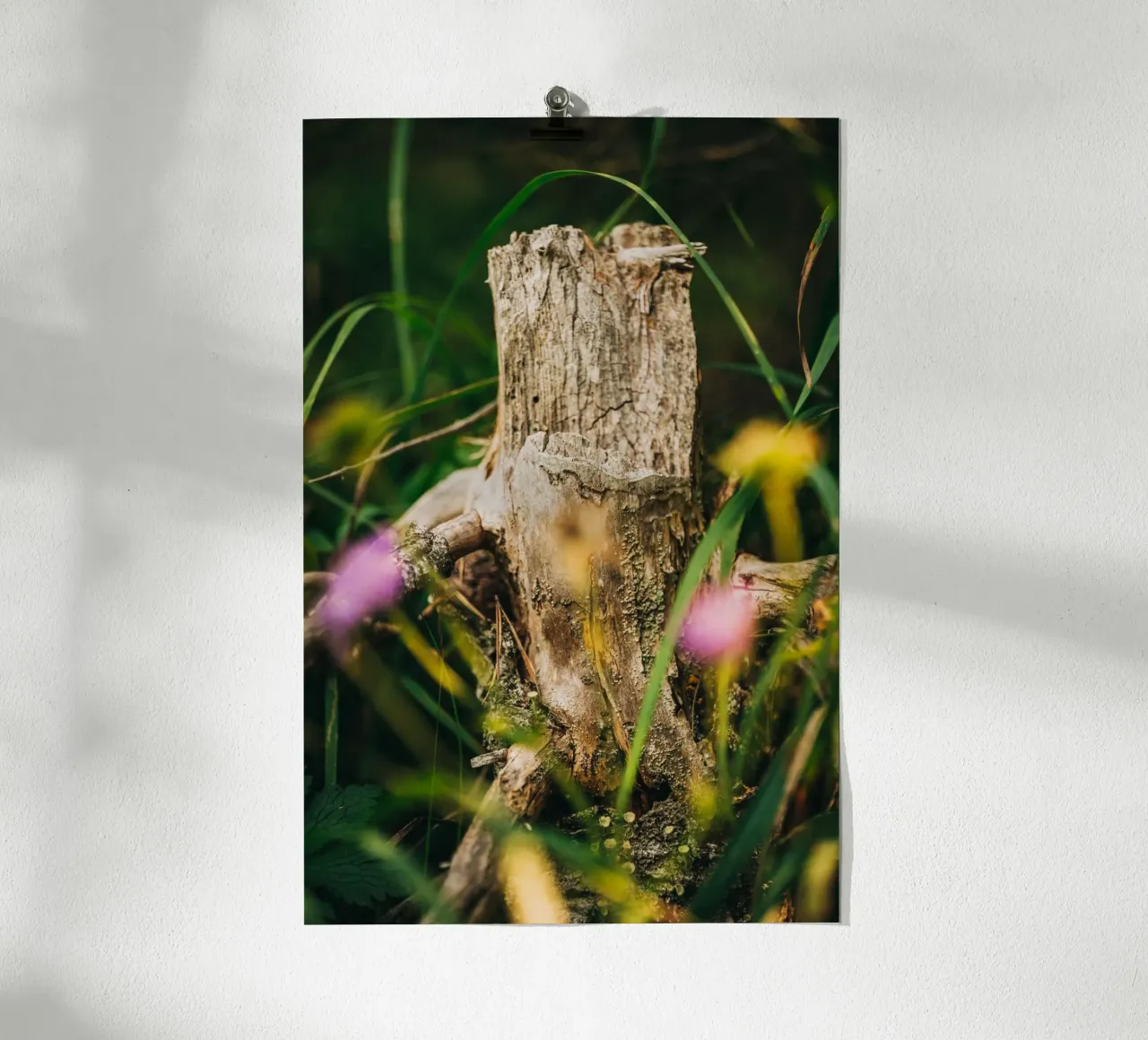 Tree trunk and flowers - nature photography from the Alps poster with plastic frame by Bold and Retro