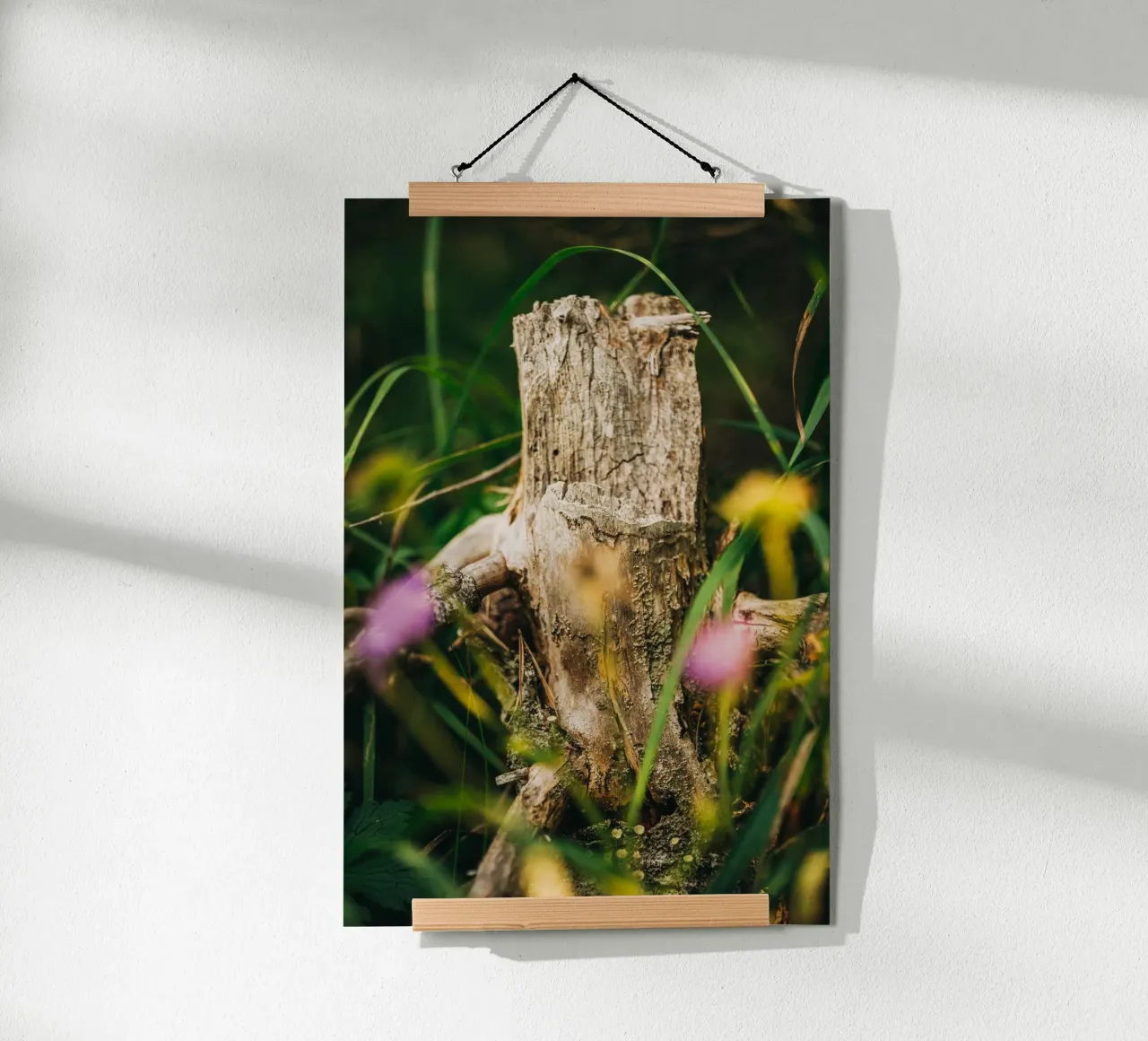 Tree trunk and flowers - nature photography from the Alps poster with plastic frame by Bold and Retro