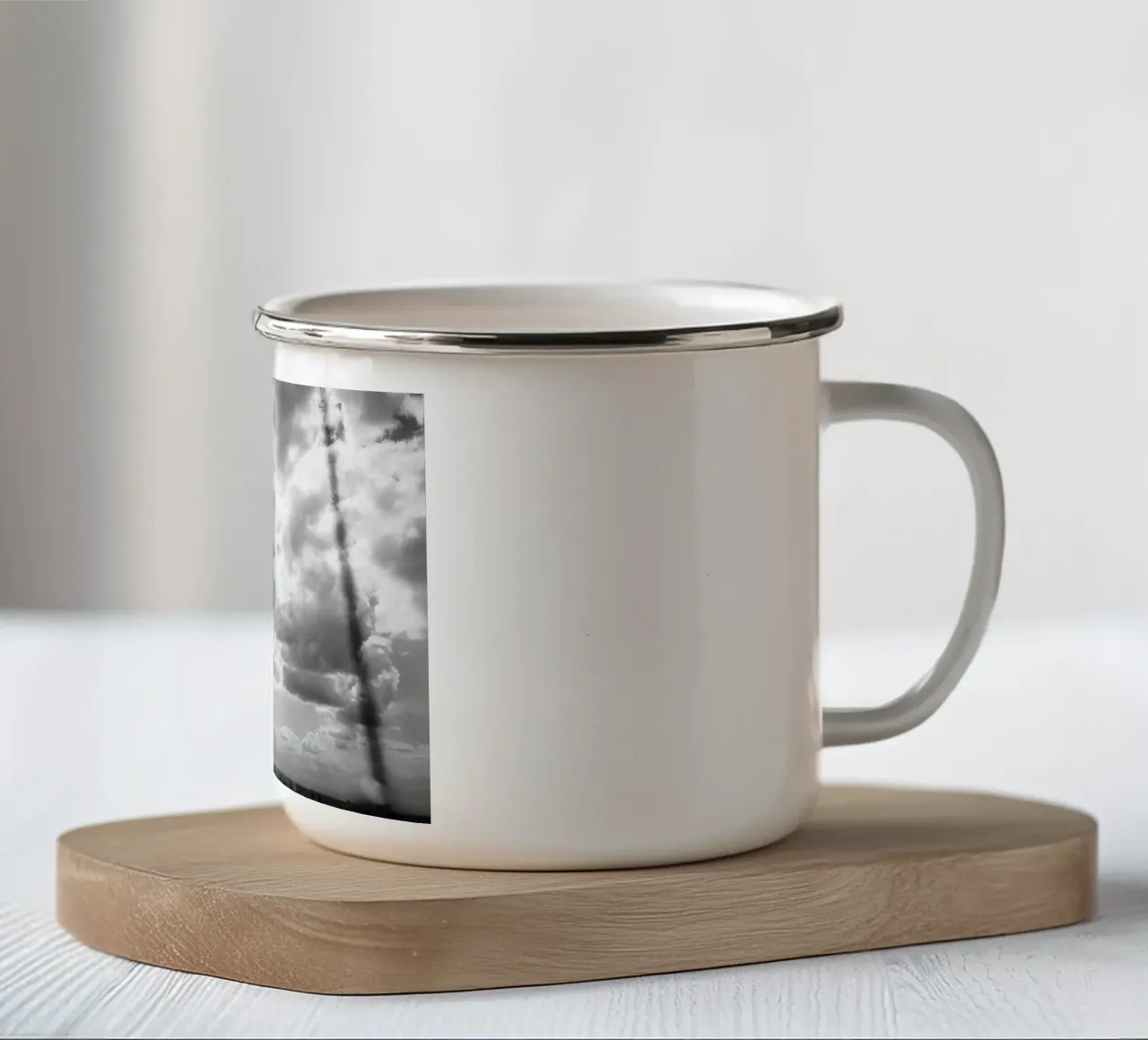 Berlin television tower in a sea of clouds - black and white photography enamel mug by Bold and Retro