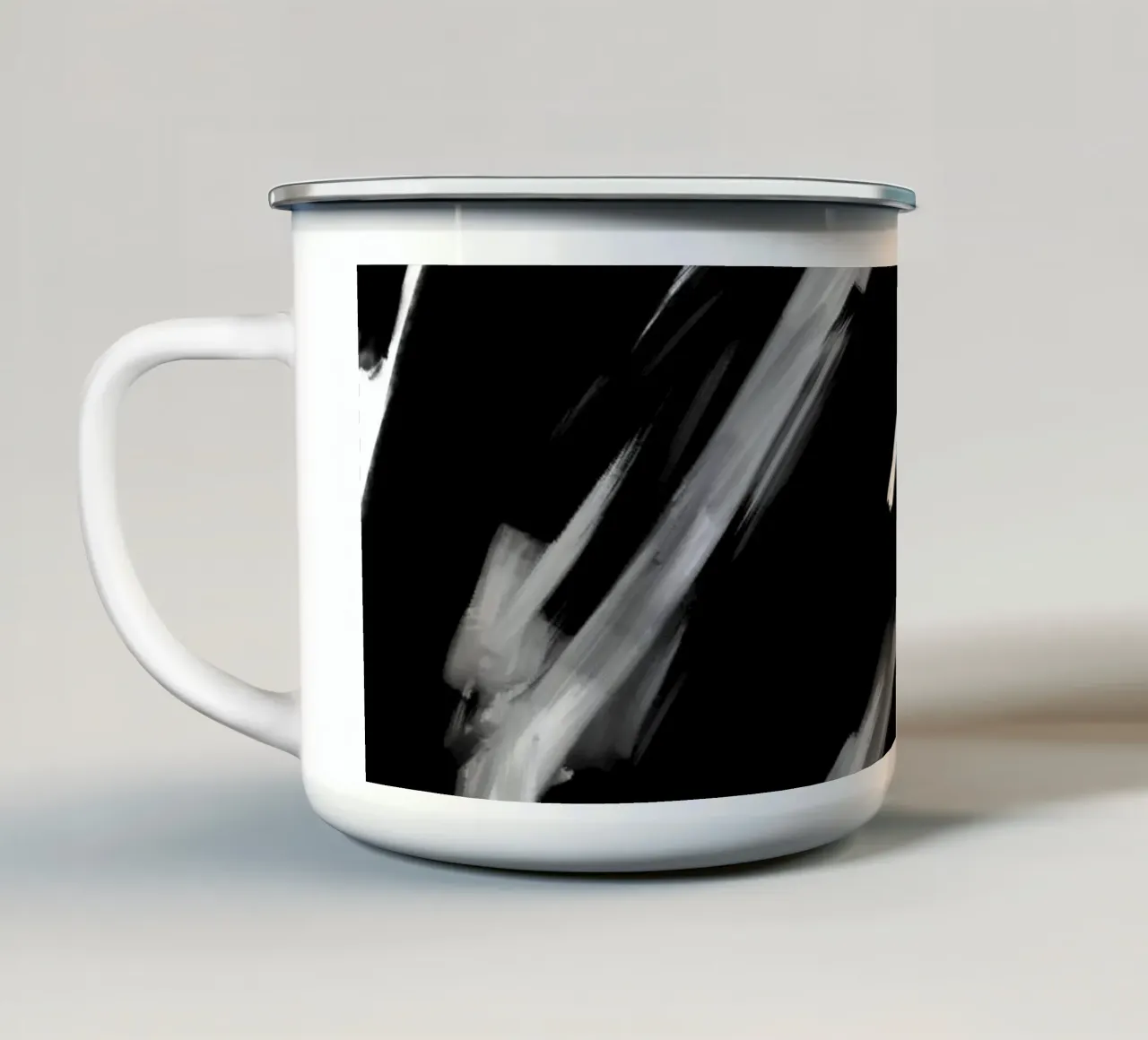 Abstract wit en zwart emaille mok van Studio B