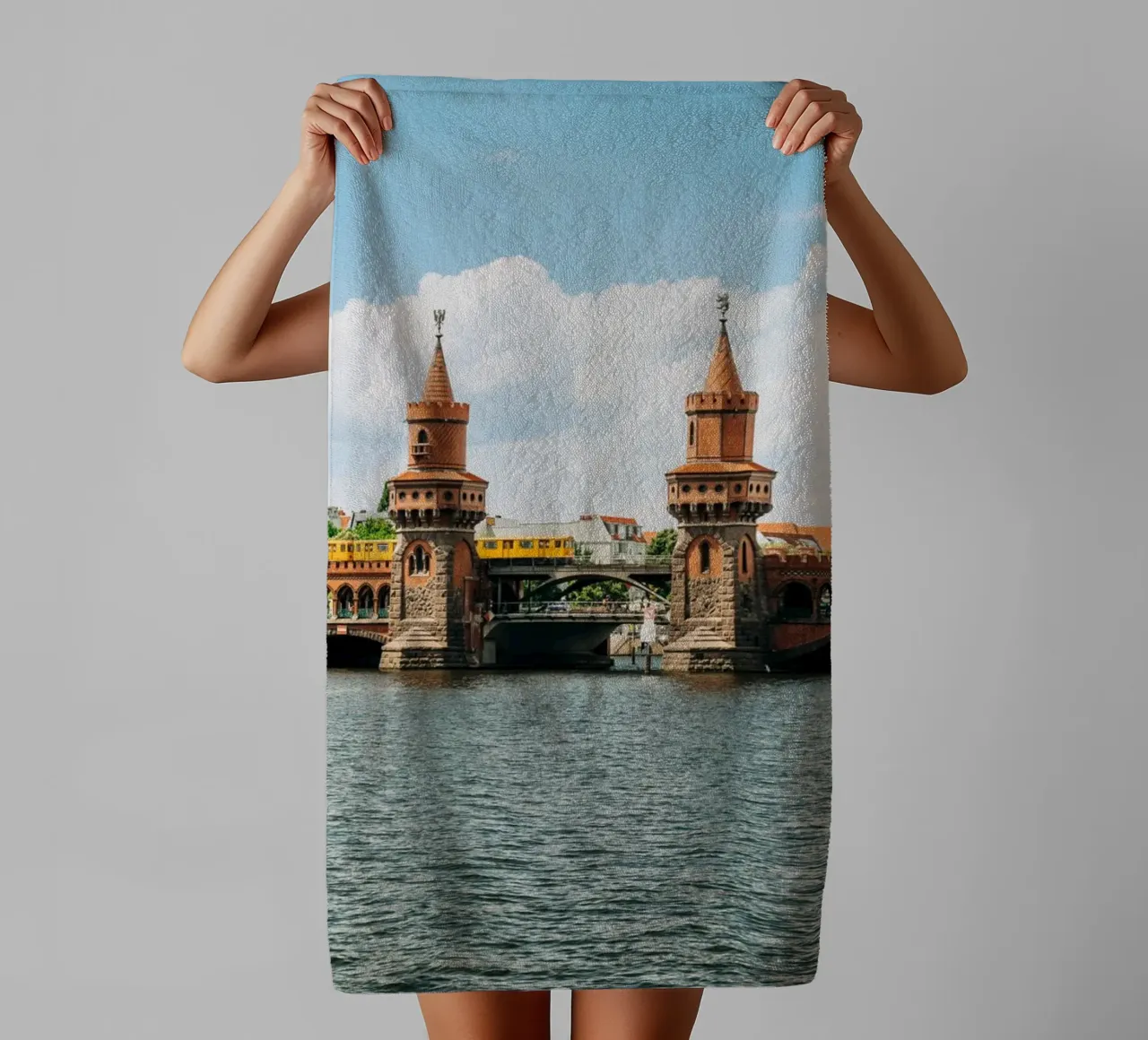 Berlin, Oberbaumbrücke- Spree view with yellow S-Bahn towel by Bold and Retro