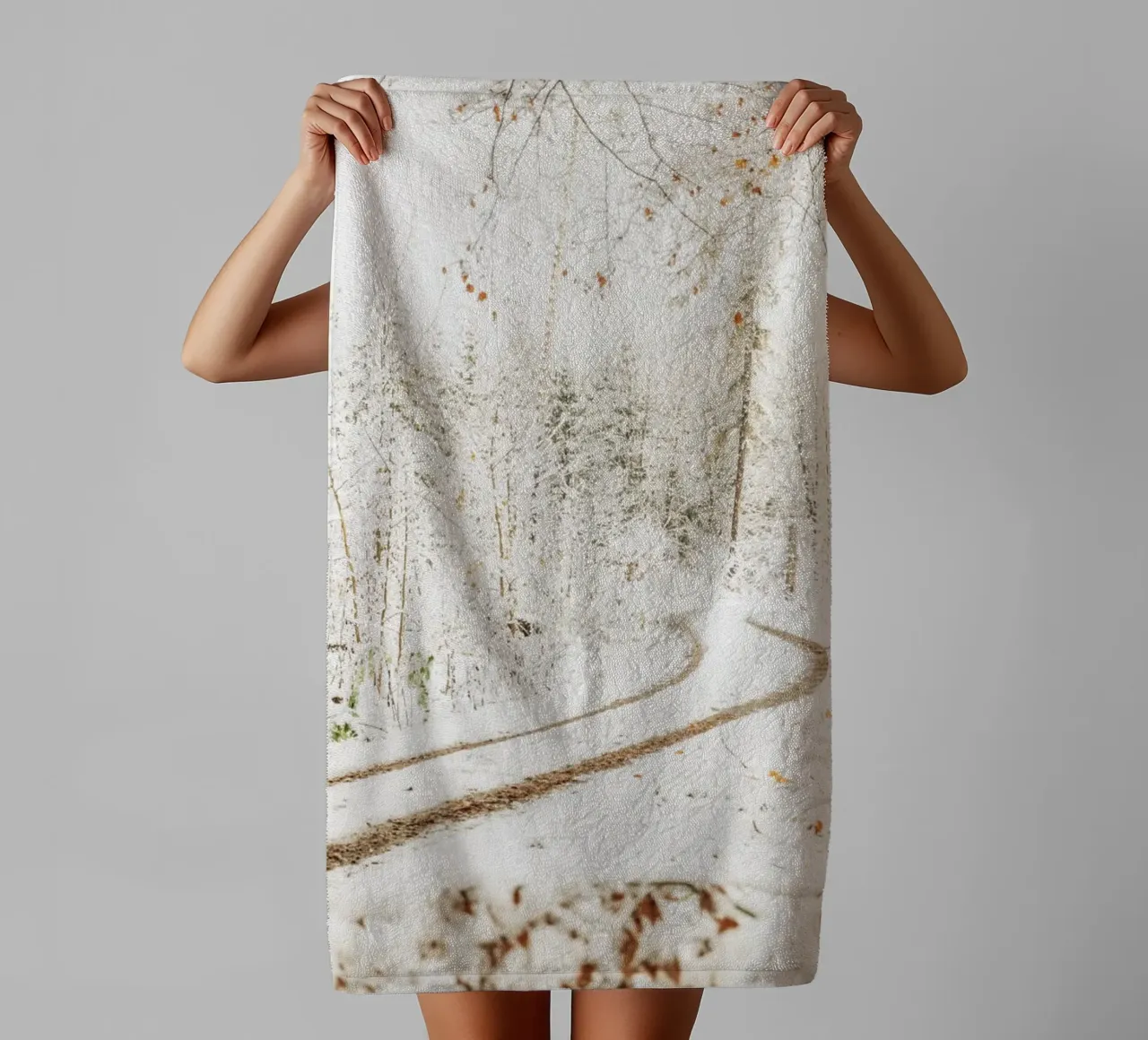 Snow-covered forest path - Winter in Saxon Switzerland towel by Bold and Retro