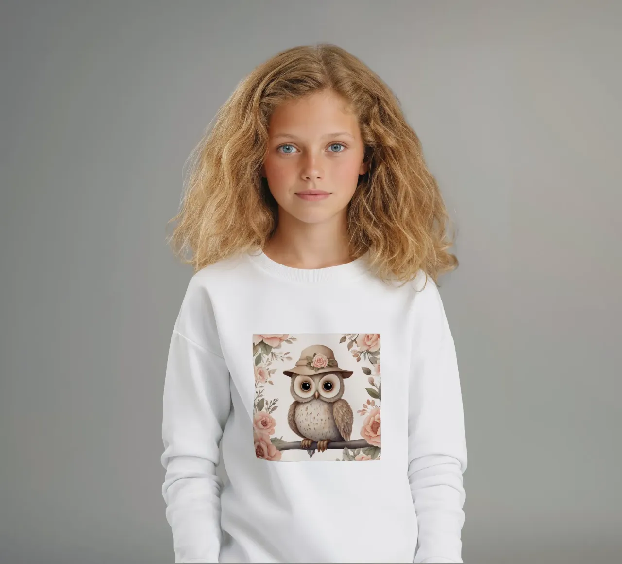 Illustrazione di un gufo sul ramo di un albero che indossa un cappello felpa bambino da ARTVI-SHOP