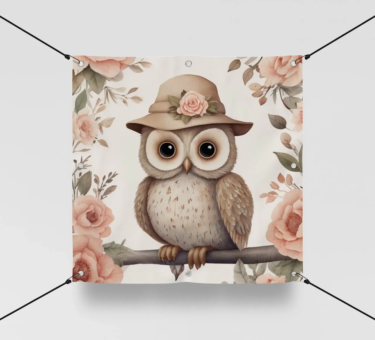 Illustrazione di un gufo sul ramo di un albero che indossa un cappello telo in pvc da ARTVI-SHOP