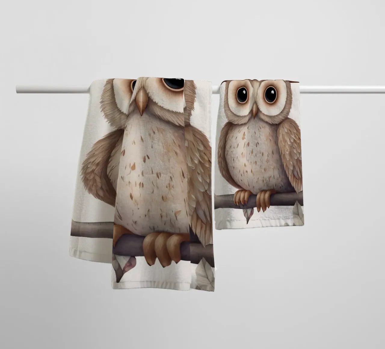 Illustrazione di un gufo sul ramo di un albero che indossa un cappello asciugamano da bagno da ARTVI-SHOP