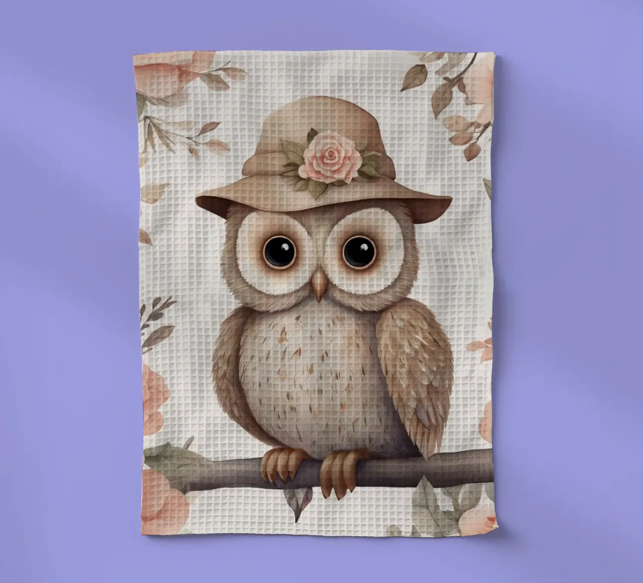 Illustrazione di un gufo sul ramo di un albero che indossa un cappello canovaccio da cucina da ARTVI-SHOP