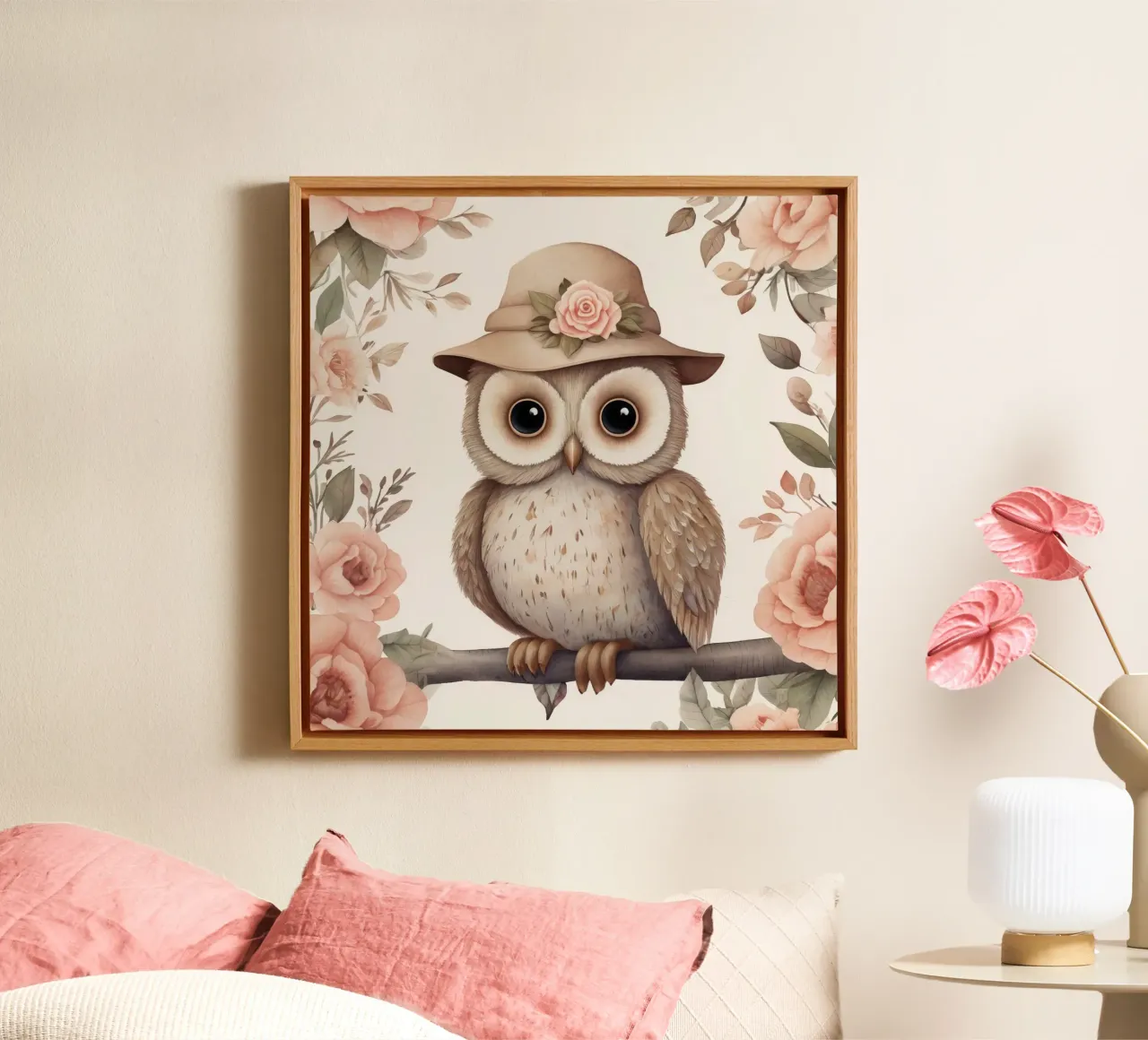 Illustrazione di un gufo sul ramo di un albero che indossa un cappello tela da 🎁 ARTVI-SHOP