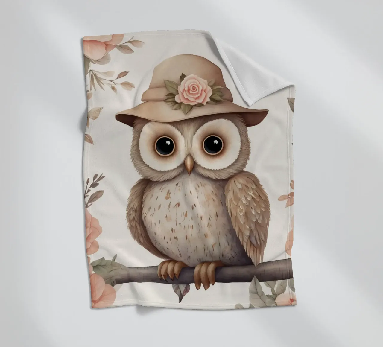 Illustrazione di un gufo sul ramo di un albero che indossa un cappello coperta in pile da ARTVI-SHOP