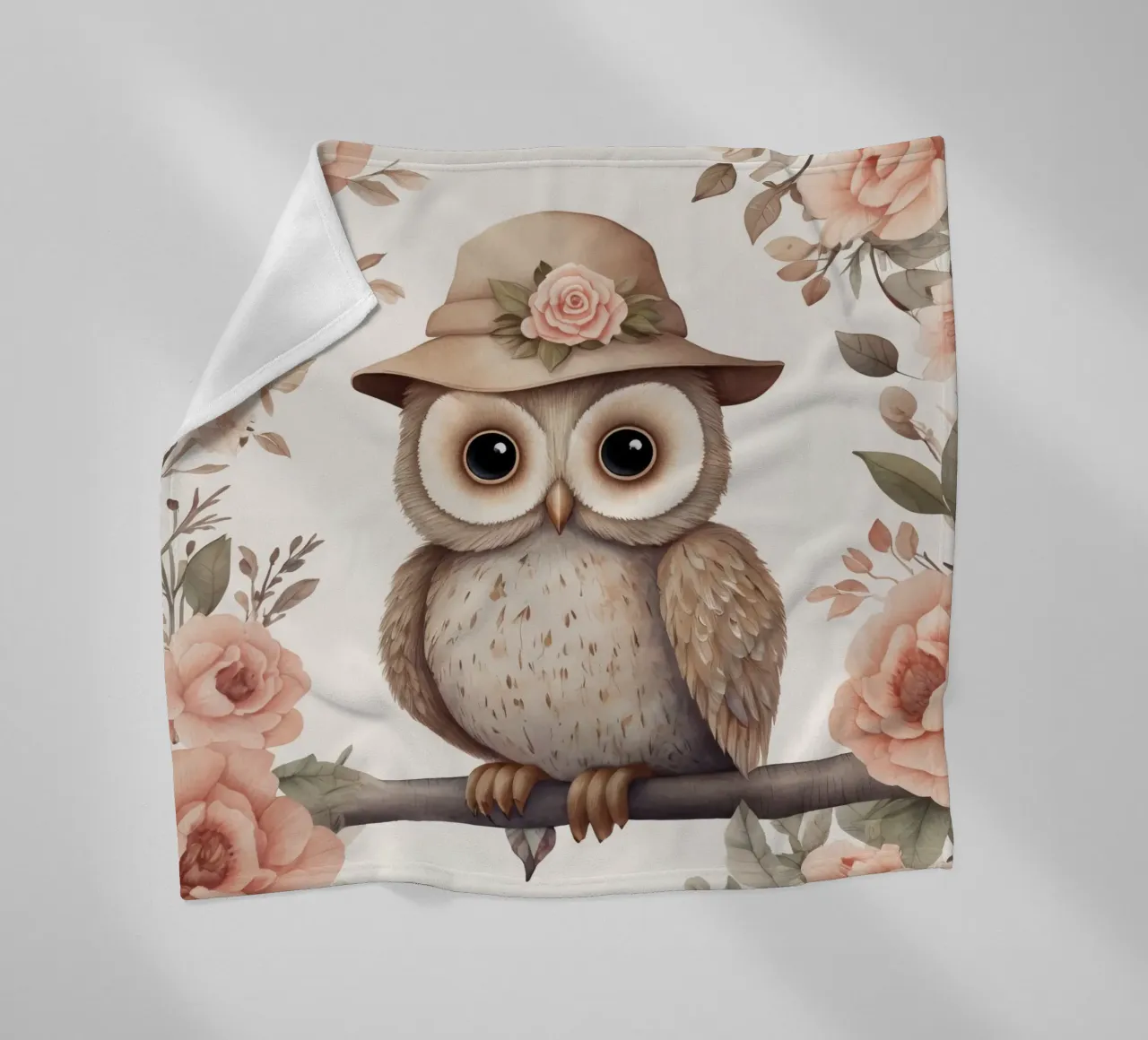 Illustrazione di un gufo sul ramo di un albero che indossa un cappello coperta in pile da ARTVI-SHOP
