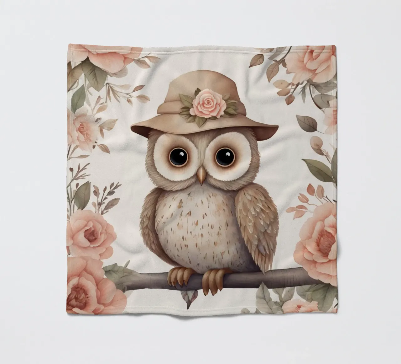 Illustrazione di un gufo sul ramo di un albero che indossa un cappello coperta in pile da ARTVI-SHOP