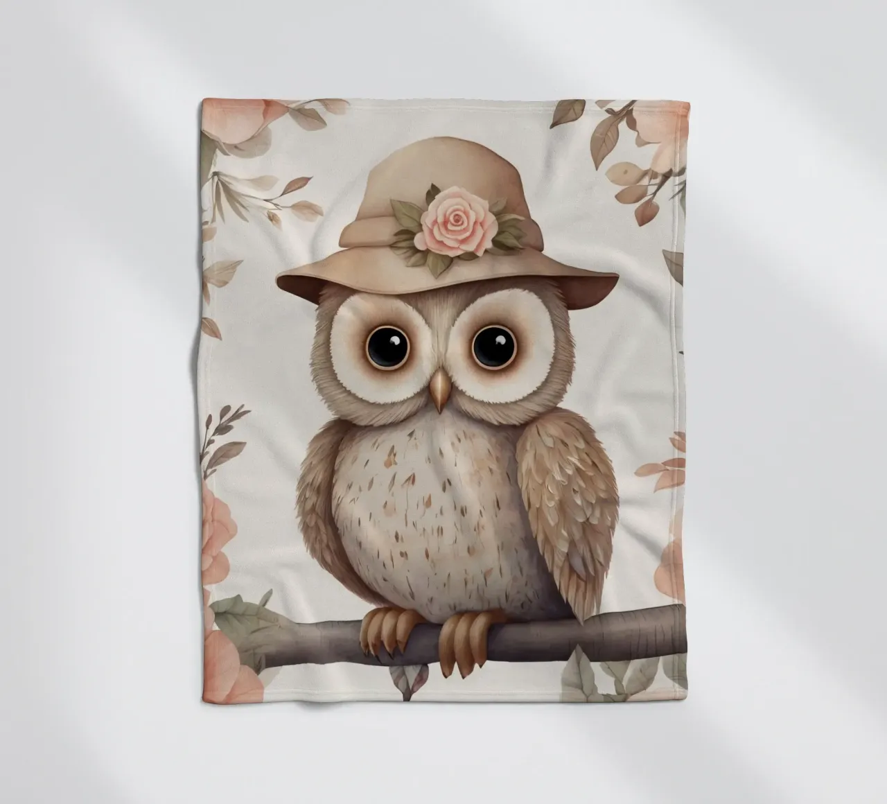Illustrazione di un gufo sul ramo di un albero che indossa un cappello coperta in pile da ARTVI-SHOP