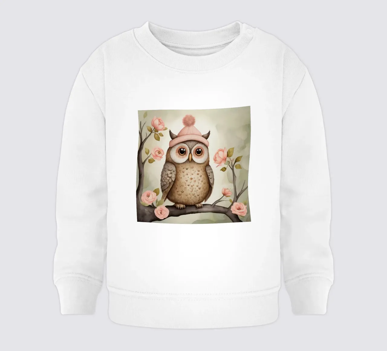 Illustrazione di un gufo sul ramo di un albero che indossa un cappello felpa neonato da ARTVI-SHOP