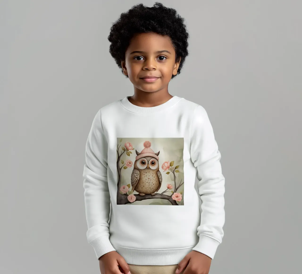 Illustrazione di un gufo sul ramo di un albero che indossa un cappello felpa bambino da ARTVI-SHOP