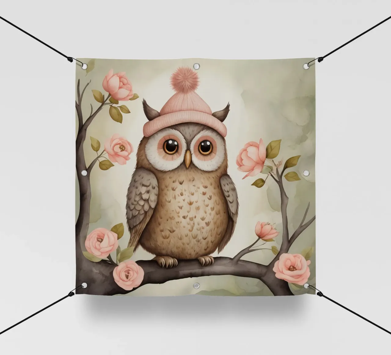 Illustrazione di un gufo sul ramo di un albero che indossa un cappello telo in pvc da ARTVI-SHOP