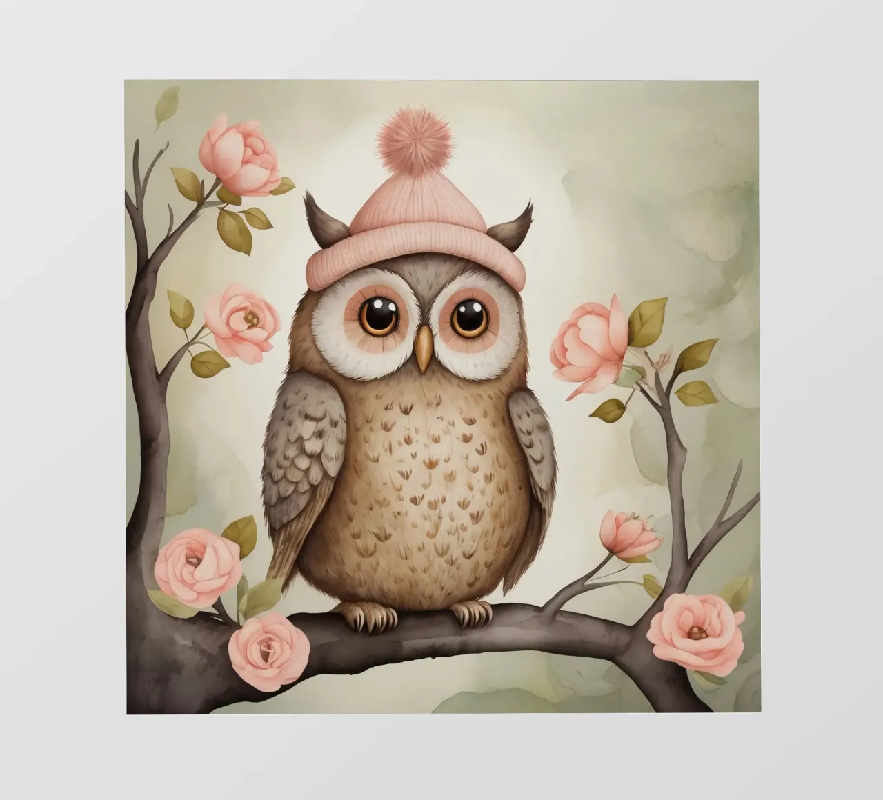 Illustrazione di un gufo sul ramo di un albero che indossa un cappello telo in pvc da ARTVI-SHOP