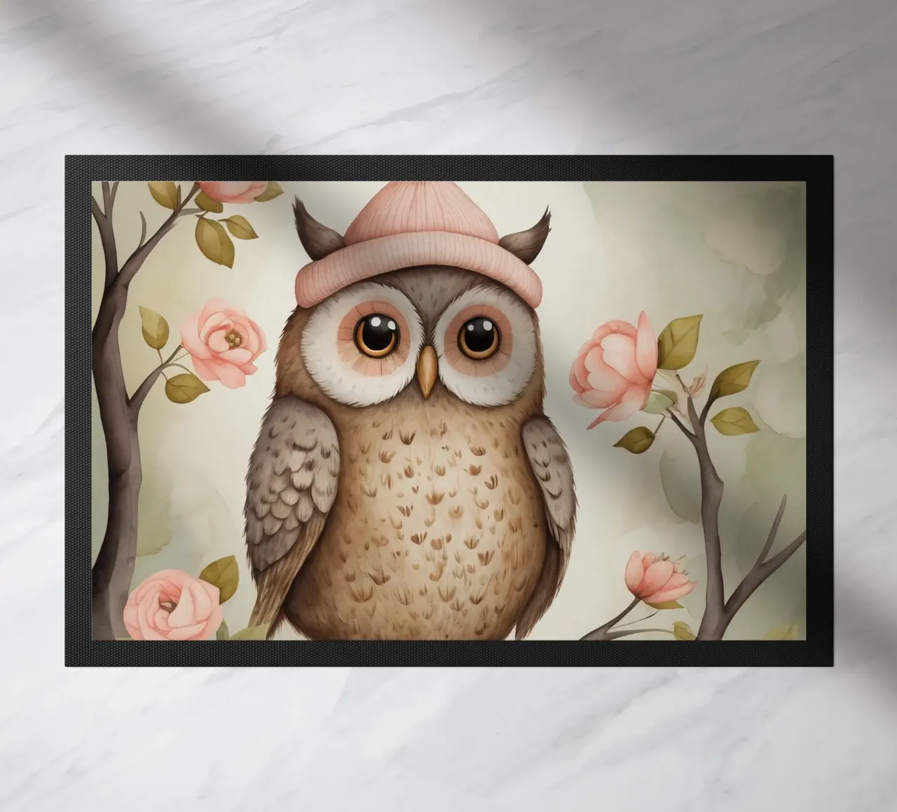 Illustrazione di un gufo sul ramo di un albero che indossa un cappello zerbino da ARTVI-SHOP