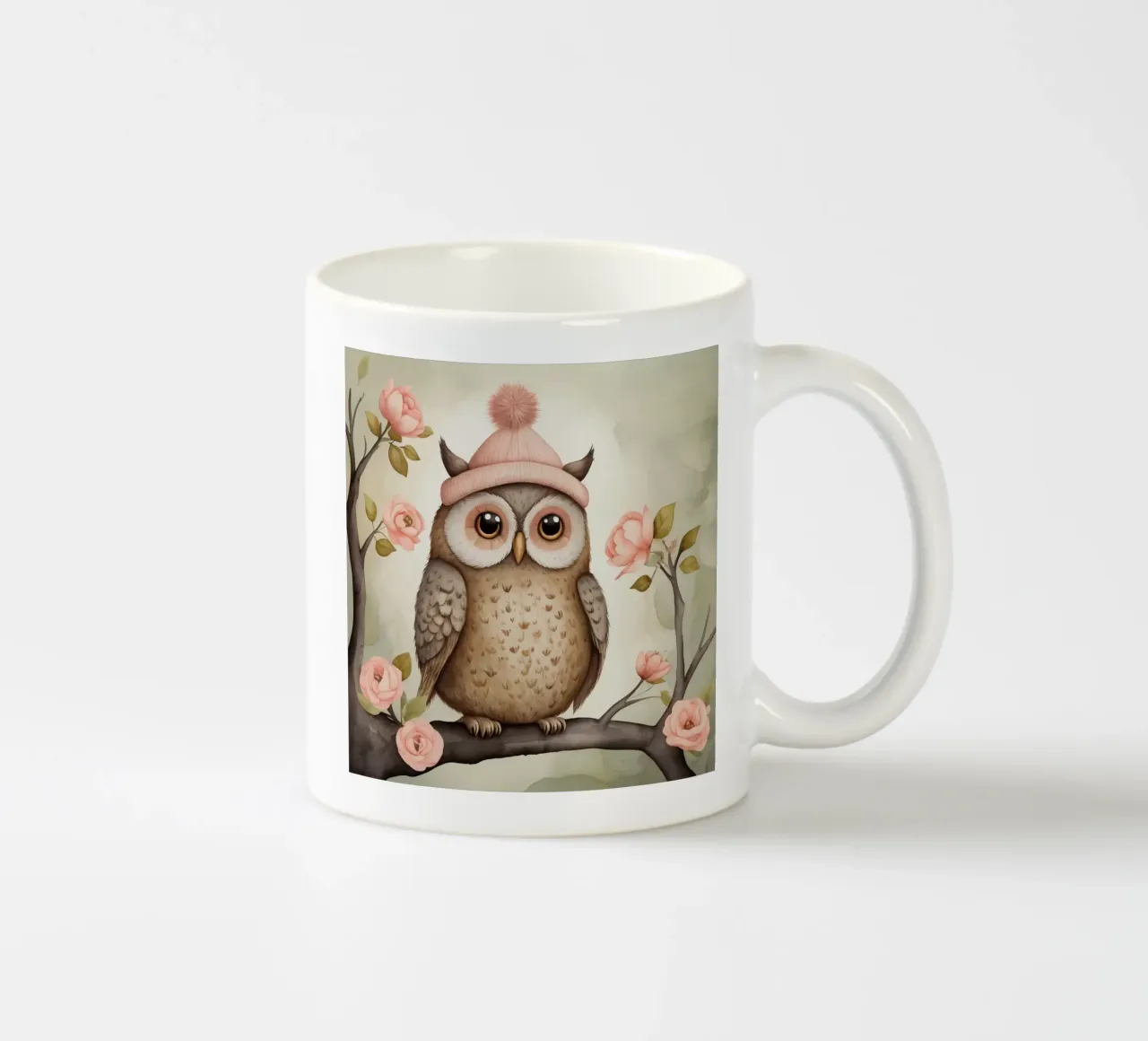 Illustrazione di un gufo sul ramo di un albero che indossa un cappello tazza in ceramica da ARTVI-SHOP