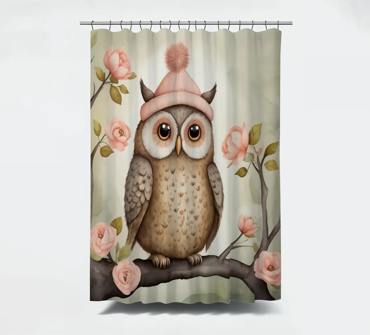 Illustrazione di un gufo sul ramo di un albero che indossa un cappello tenda da doccia da ARTVI-SHOP