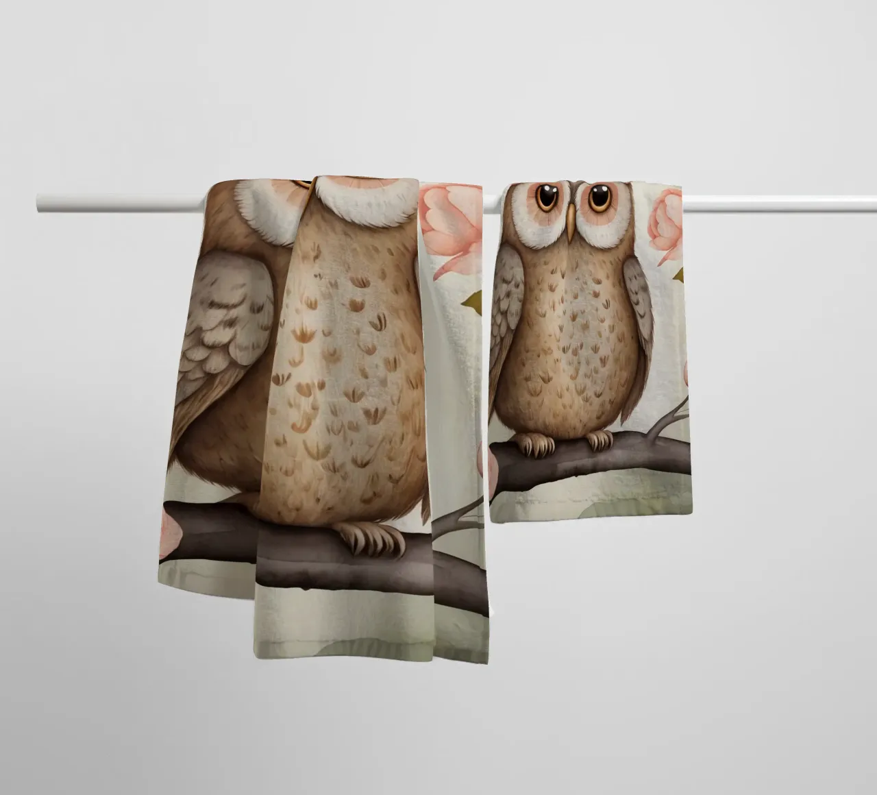 Illustrazione di un gufo sul ramo di un albero che indossa un cappello asciugamano da bagno da ARTVI-SHOP