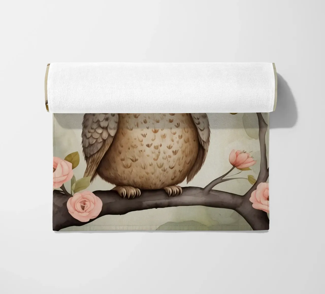 Illustrazione di un gufo sul ramo di un albero che indossa un cappello telo mare da ARTVI-SHOP