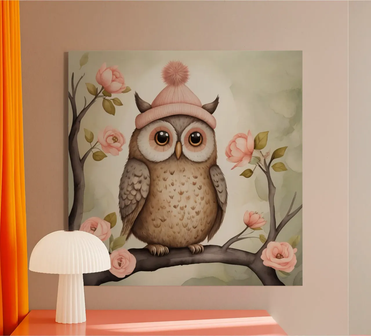 Illustrazione di un gufo sul ramo di un albero che indossa un cappello plexiglass da ARTVI-SHOP
