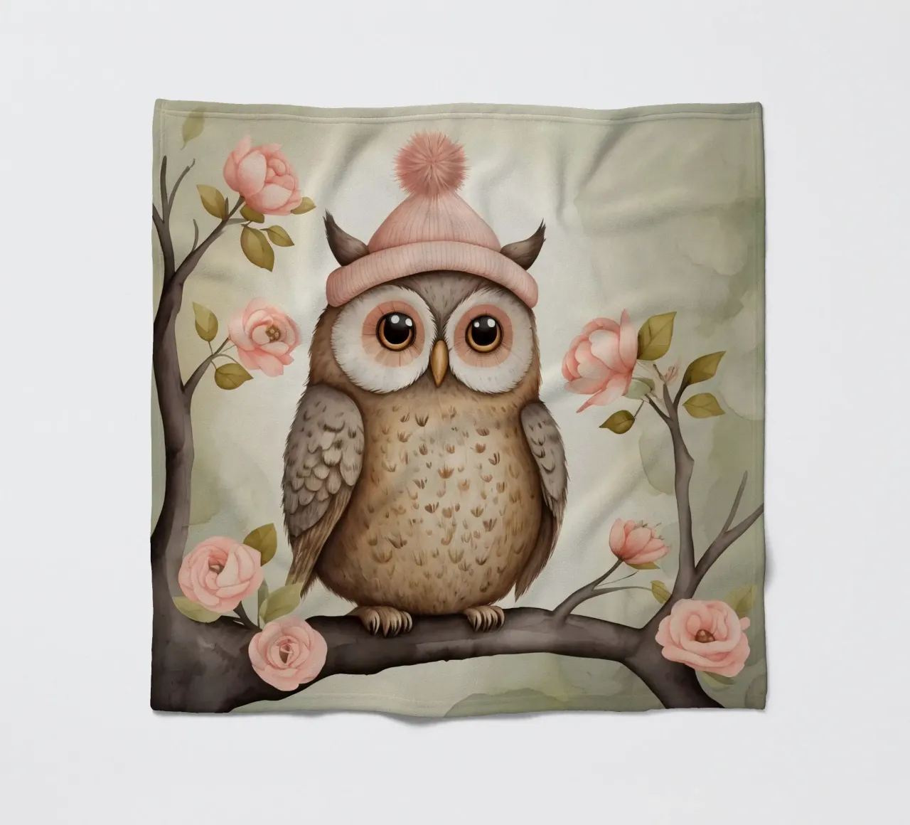 Illustrazione di un gufo sul ramo di un albero che indossa un cappello coperta in pile da ARTVI-SHOP
