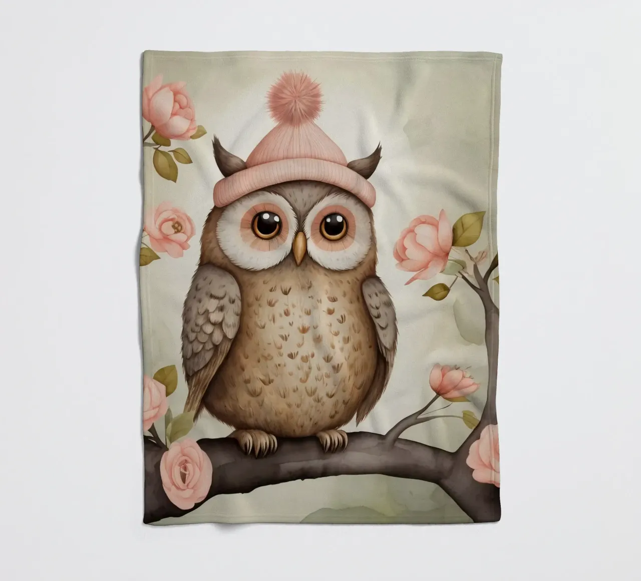 Illustrazione di un gufo sul ramo di un albero che indossa un cappello coperta in pile da ARTVI-SHOP