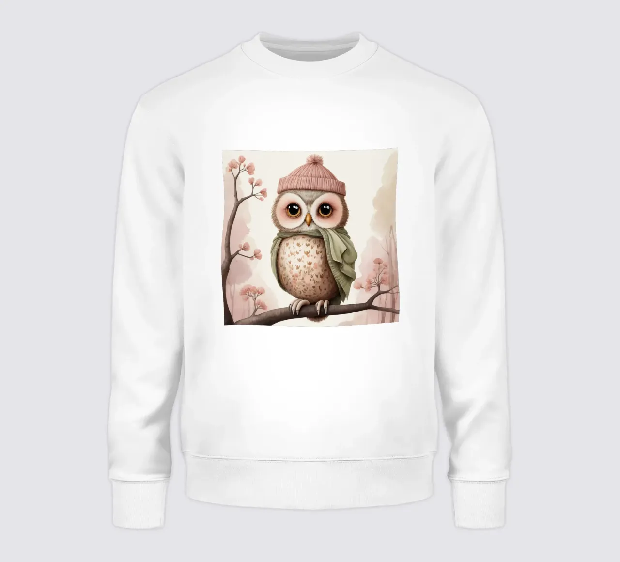Illustrazione di un gufo sul ramo di un albero che indossa un cappello felpa da ARTVI-SHOP