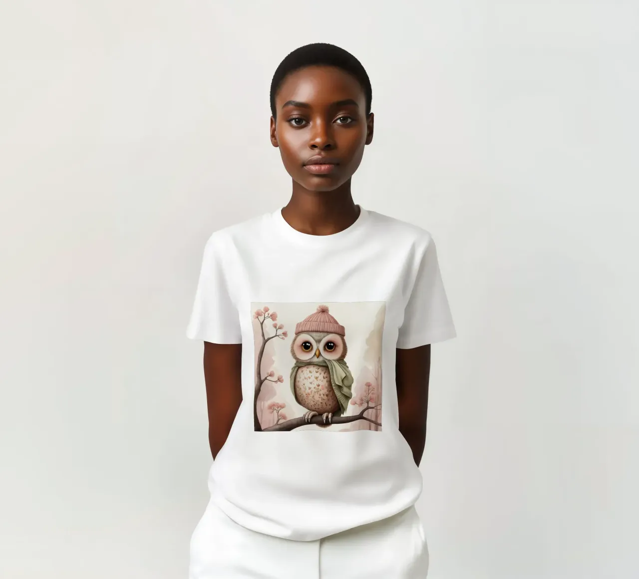 Illustrazione di un gufo sul ramo di un albero che indossa un cappello t-shirt da ARTVI-SHOP