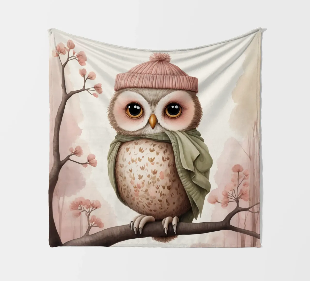 Illustrazione di un gufo sul ramo di un albero che indossa un cappello coperta in pile da ARTVI-SHOP