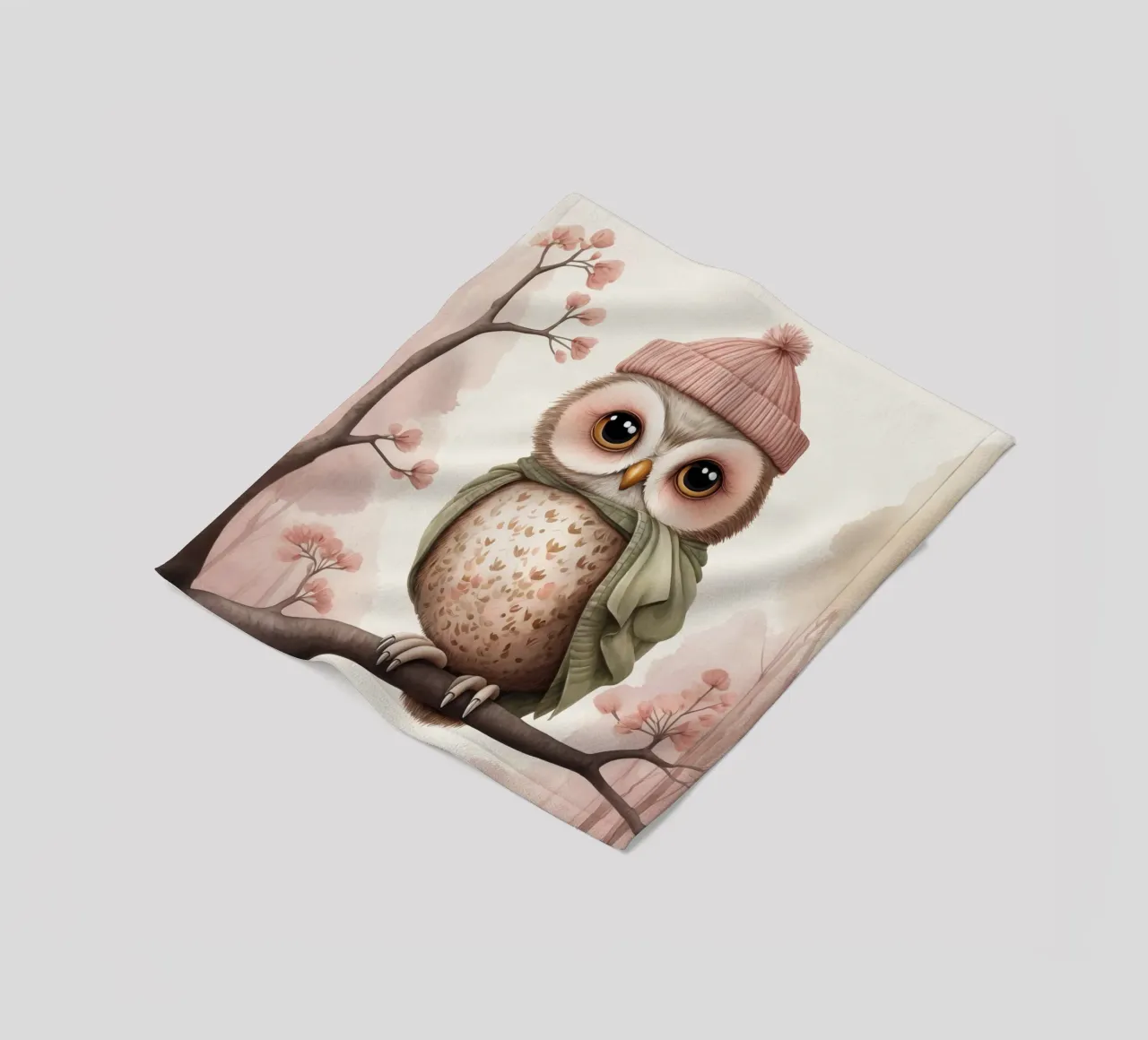Illustrazione di un gufo sul ramo di un albero che indossa un cappello coperta in pile da ARTVI-SHOP