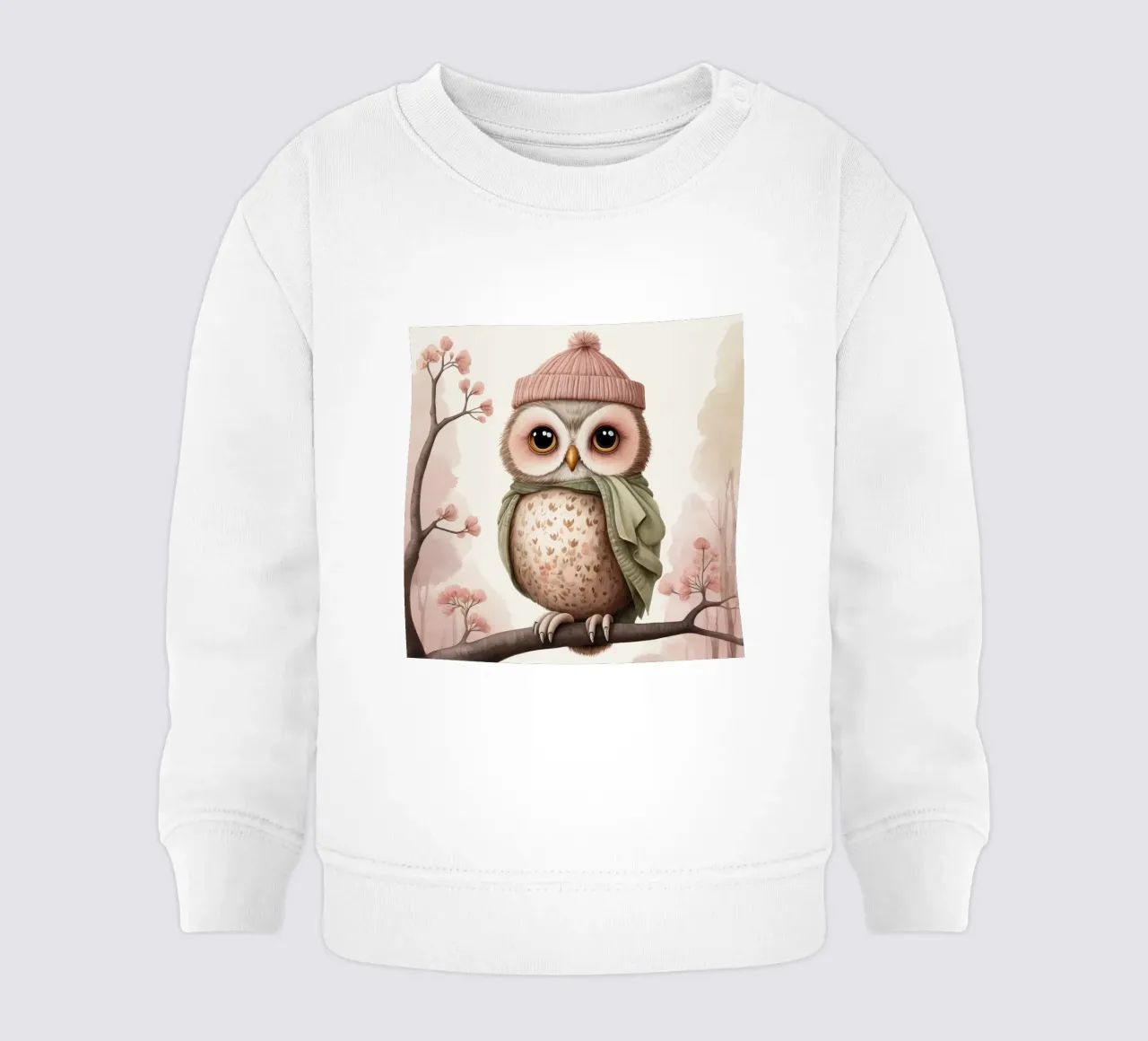 Illustrazione di un gufo sul ramo di un albero che indossa un cappello felpa neonato da ARTVI-SHOP
