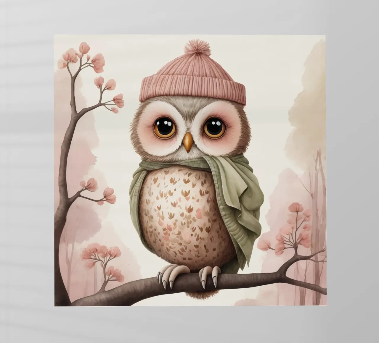 Illustrazione di un gufo sul ramo di un albero che indossa un cappello pellicola backlit da ARTVI-SHOP