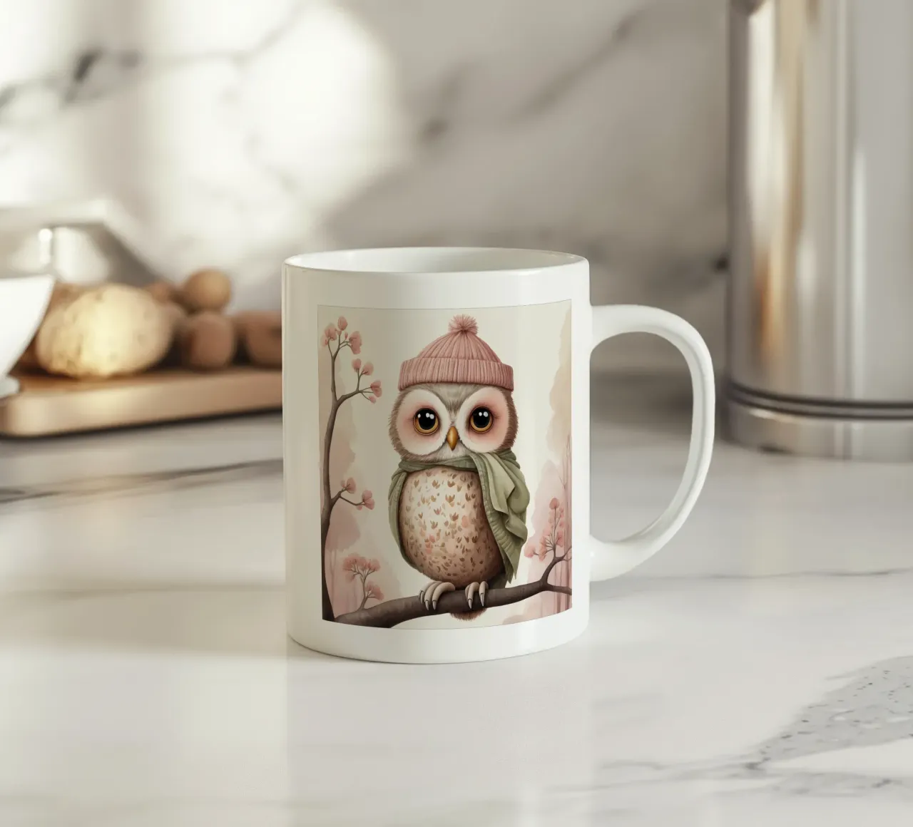 Illustrazione di un gufo sul ramo di un albero che indossa un cappello tazza in ceramica da ARTVI-SHOP