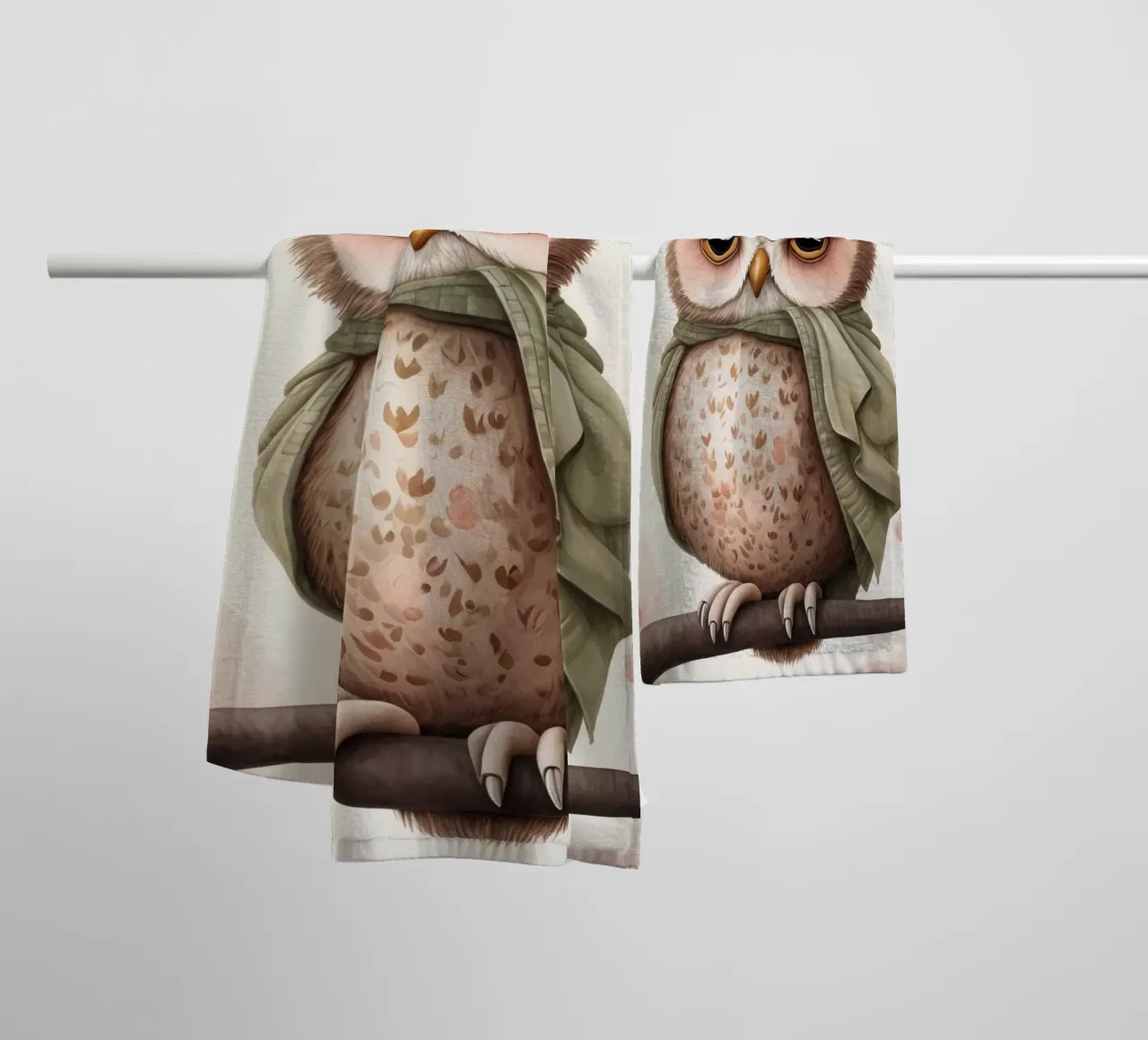 Illustrazione di un gufo sul ramo di un albero che indossa un cappello asciugamano da bagno da ARTVI-SHOP