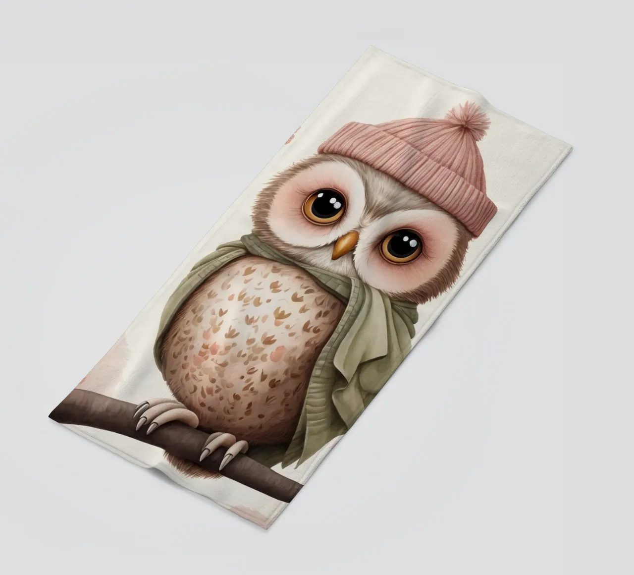 Illustrazione di un gufo sul ramo di un albero che indossa un cappello telo mare da ARTVI-SHOP