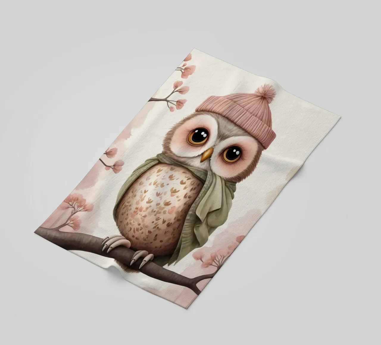 Illustrazione di un gufo sul ramo di un albero che indossa un cappello telo mare da ARTVI-SHOP