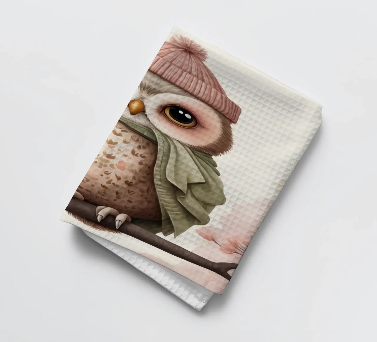 Illustrazione di un gufo sul ramo di un albero che indossa un cappello canovaccio da cucina da ARTVI-SHOP