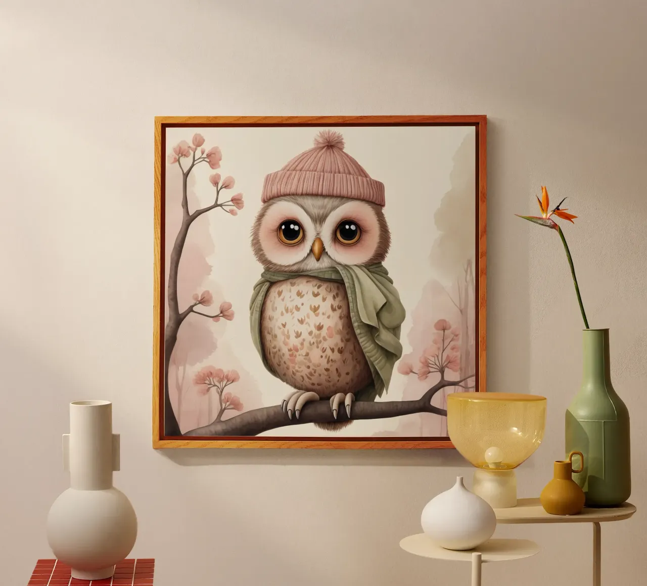 Illustrazione di un gufo sul ramo di un albero che indossa un cappello plexiglass da ARTVI-SHOP