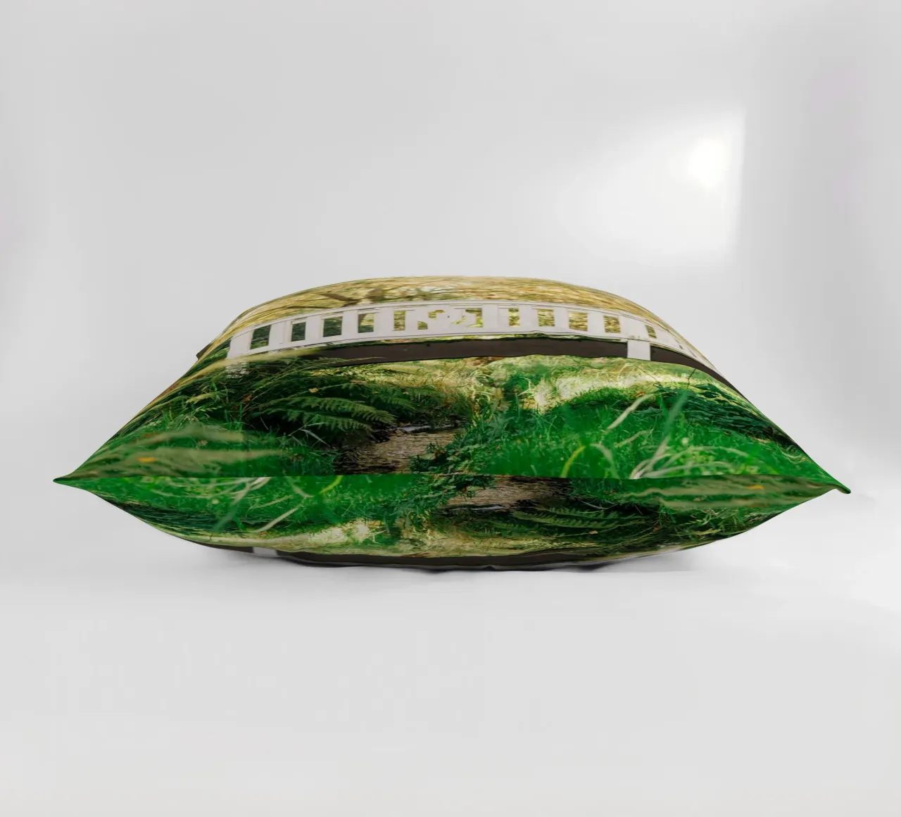 White bridge in the forest - summer idyll by the stream decorative cushion by Bold and Retro