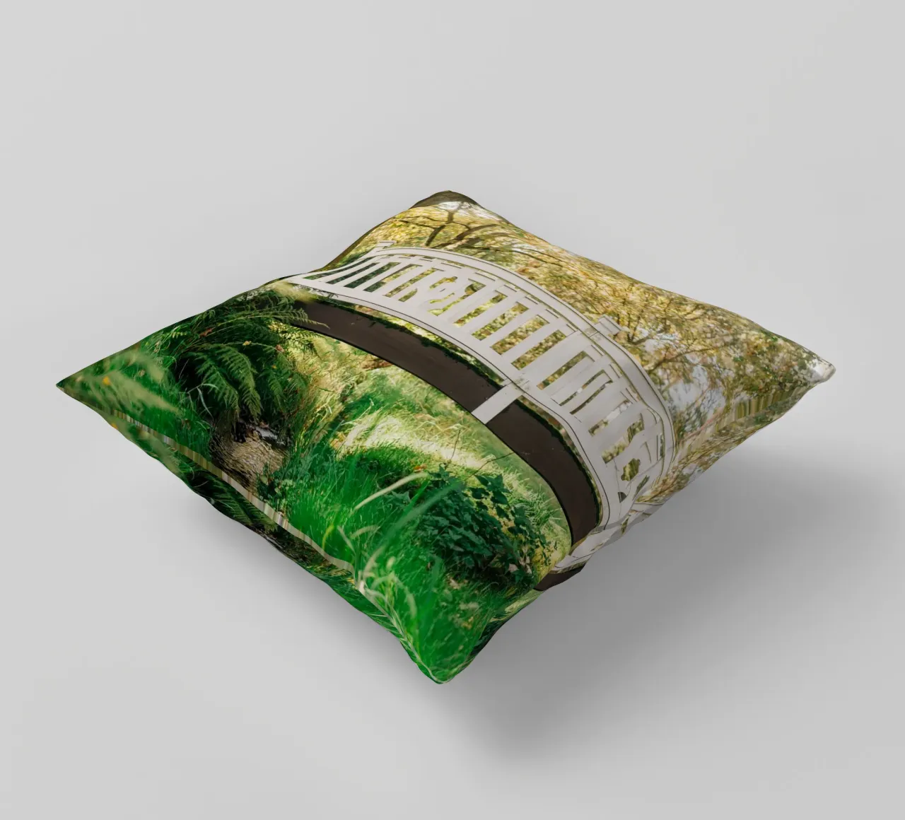 White bridge in the forest - summer idyll by the stream decorative cushion by Bold and Retro