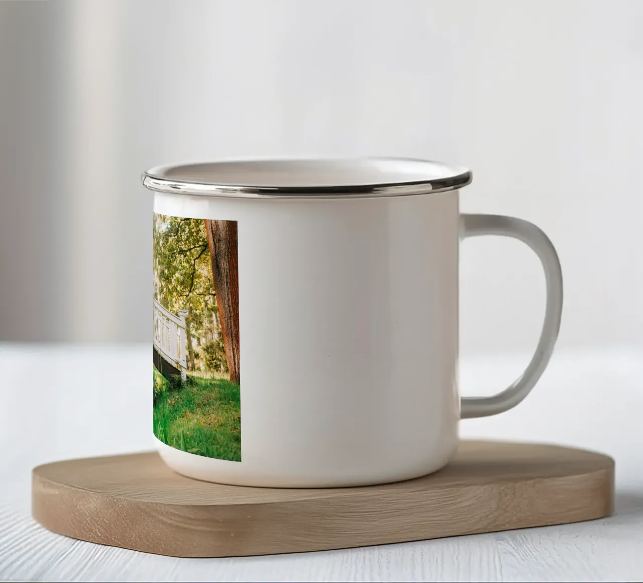 White bridge in the forest - summer idyll by the stream enamel mug by Bold and Retro