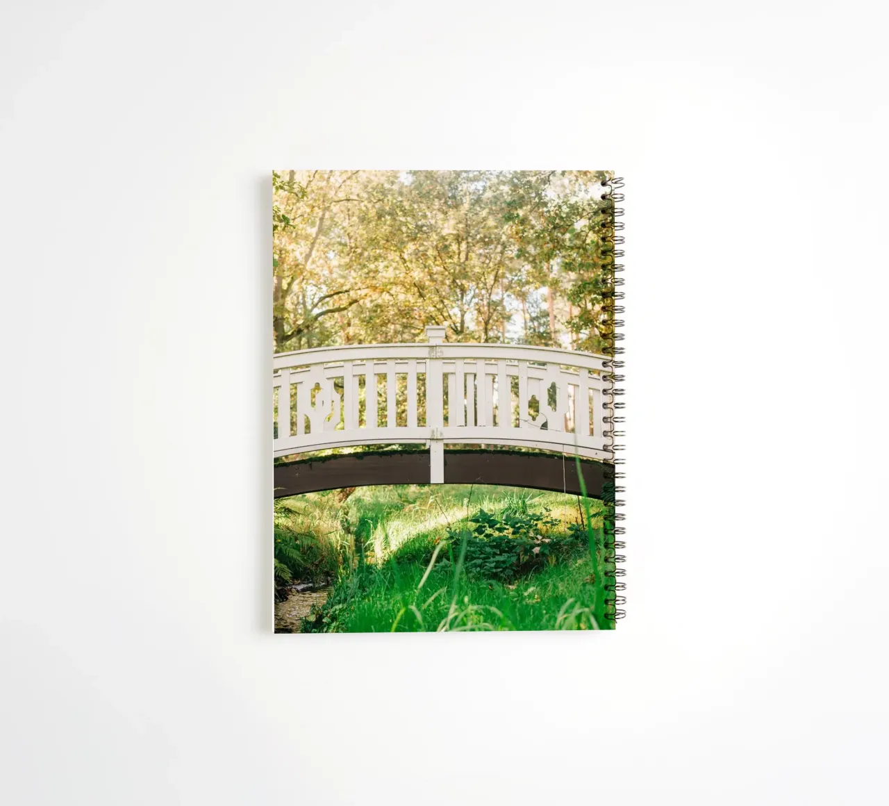 White bridge in the forest - summer idyll by the stream spiral notebook by Bold and Retro