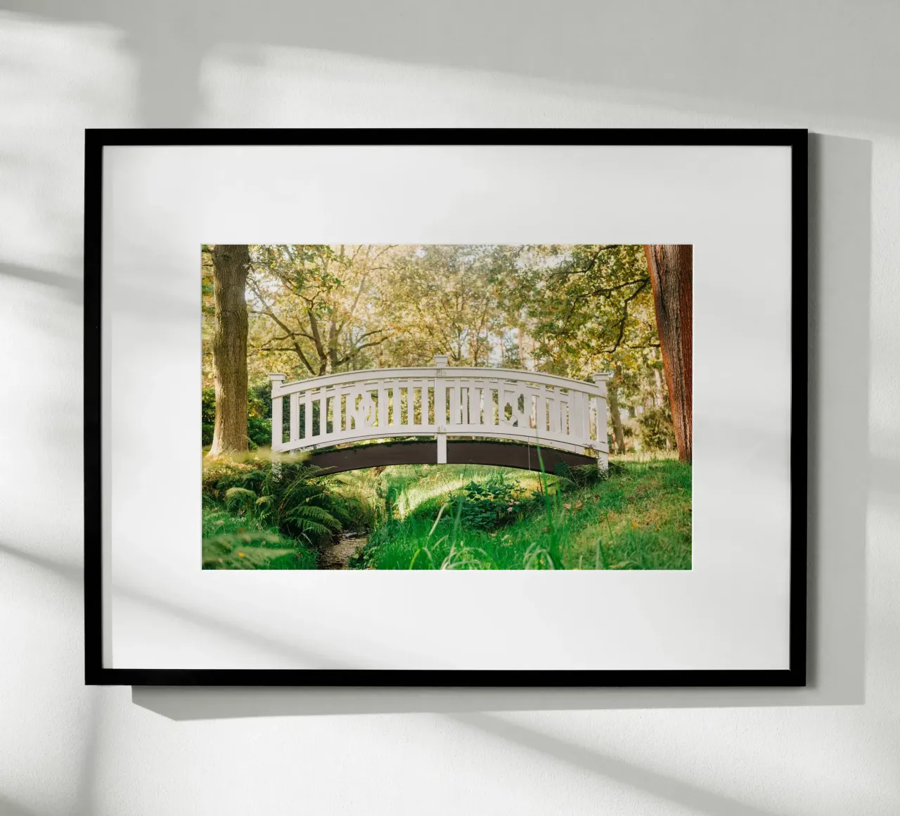 White bridge in the forest - summer idyll by the stream hahnemühle by Bold and Retro