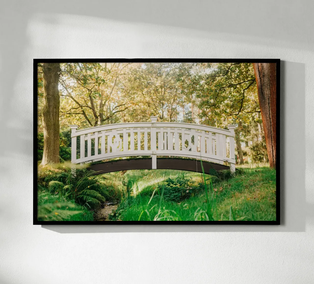 White bridge in the forest - summer idyll by the stream hahnemühle by Bold and Retro