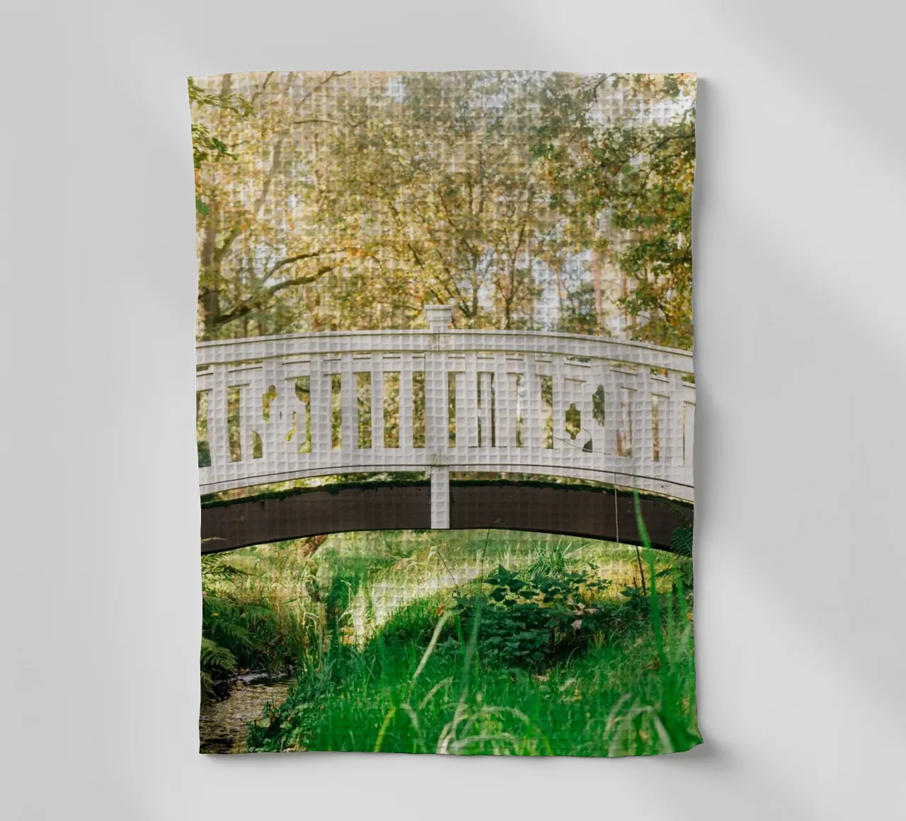 White bridge in the forest - summer idyll by the stream tea towel by Bold and Retro