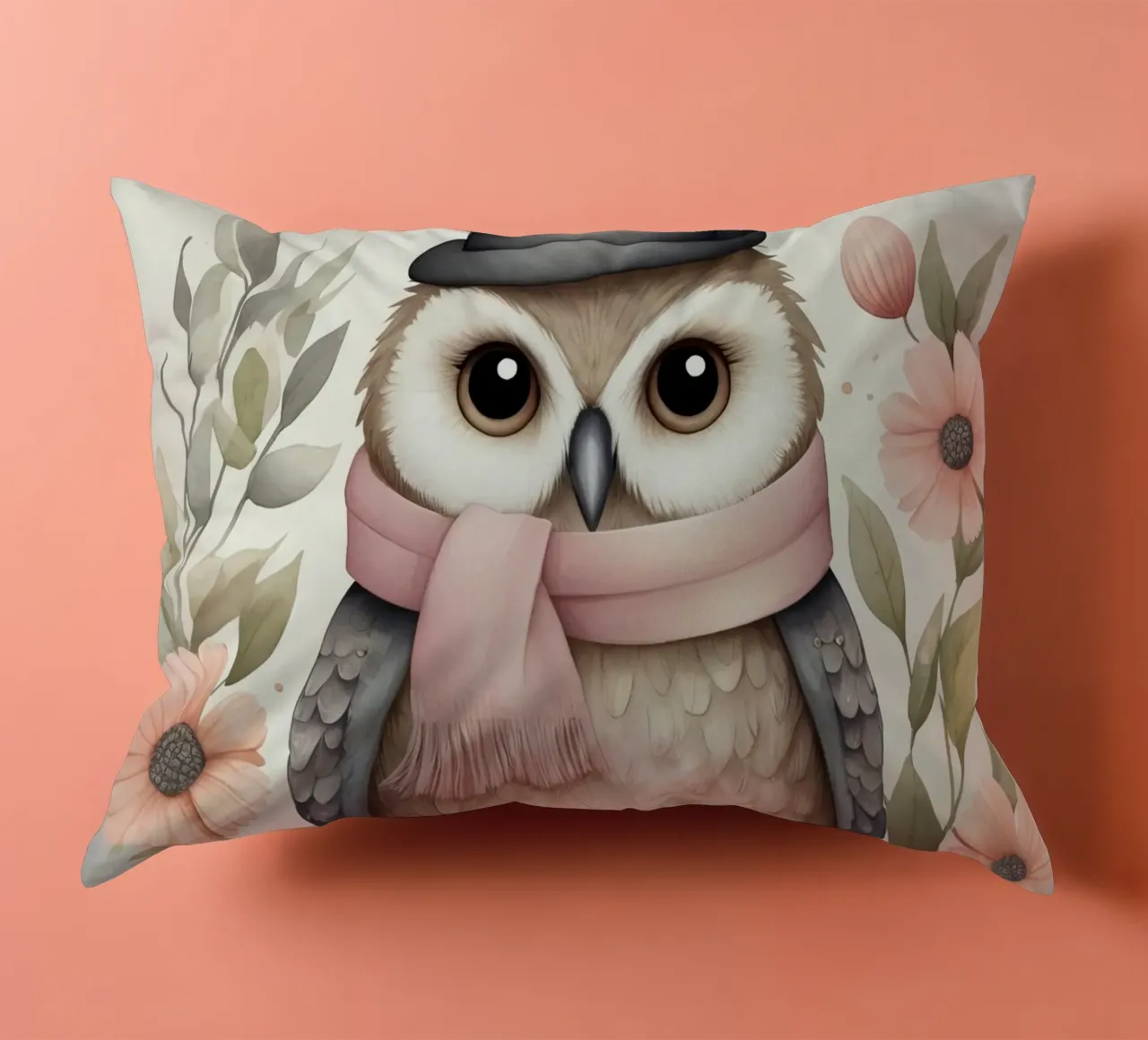 Illustration of an owl on a tree branch wearing a hat cuscino da ARTVI-SHOP