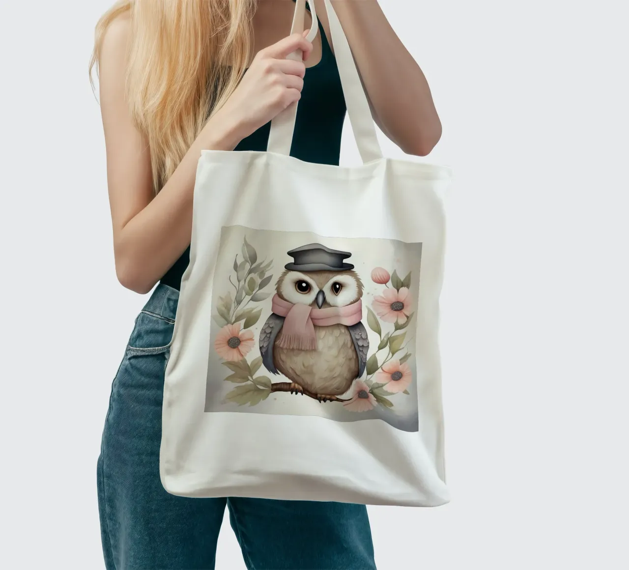 Illustration of an owl on a tree branch wearing a hat borsa in juta da ARTVI-SHOP