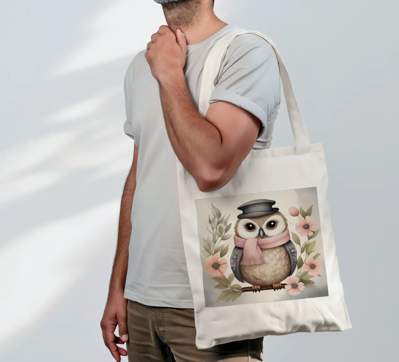 Illustration of an owl on a tree branch wearing a hat borsa in juta da ARTVI-SHOP
