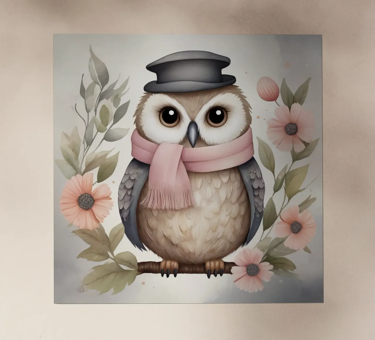 Illustration of an owl on a tree branch wearing a hat pellicola backlit da ARTVI-SHOP